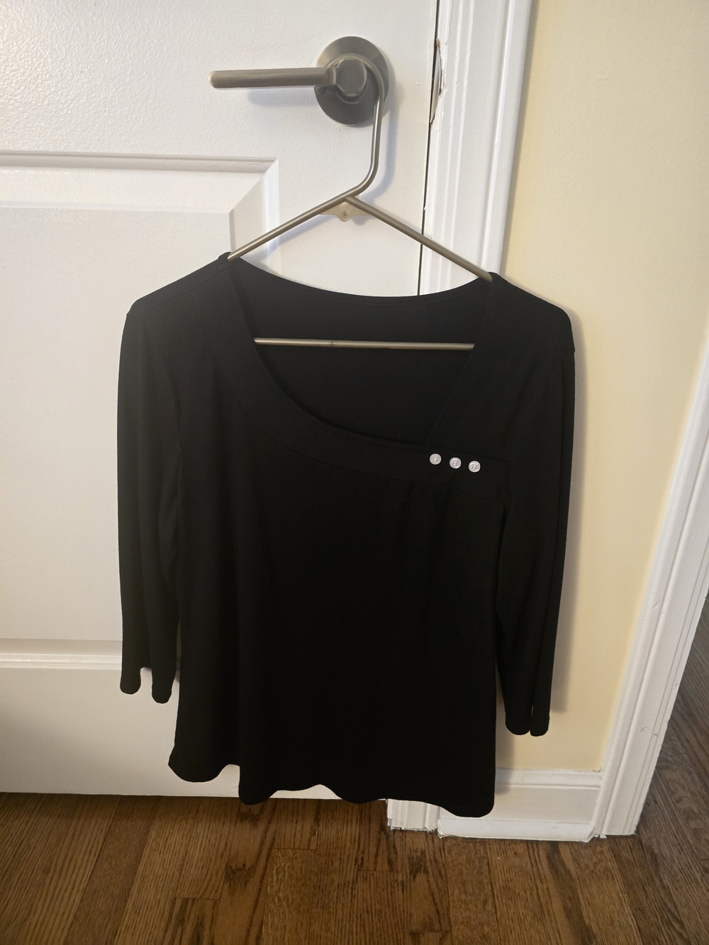 Black Women's Scoop Neck 3/4 Sleeve Top with Button Detail